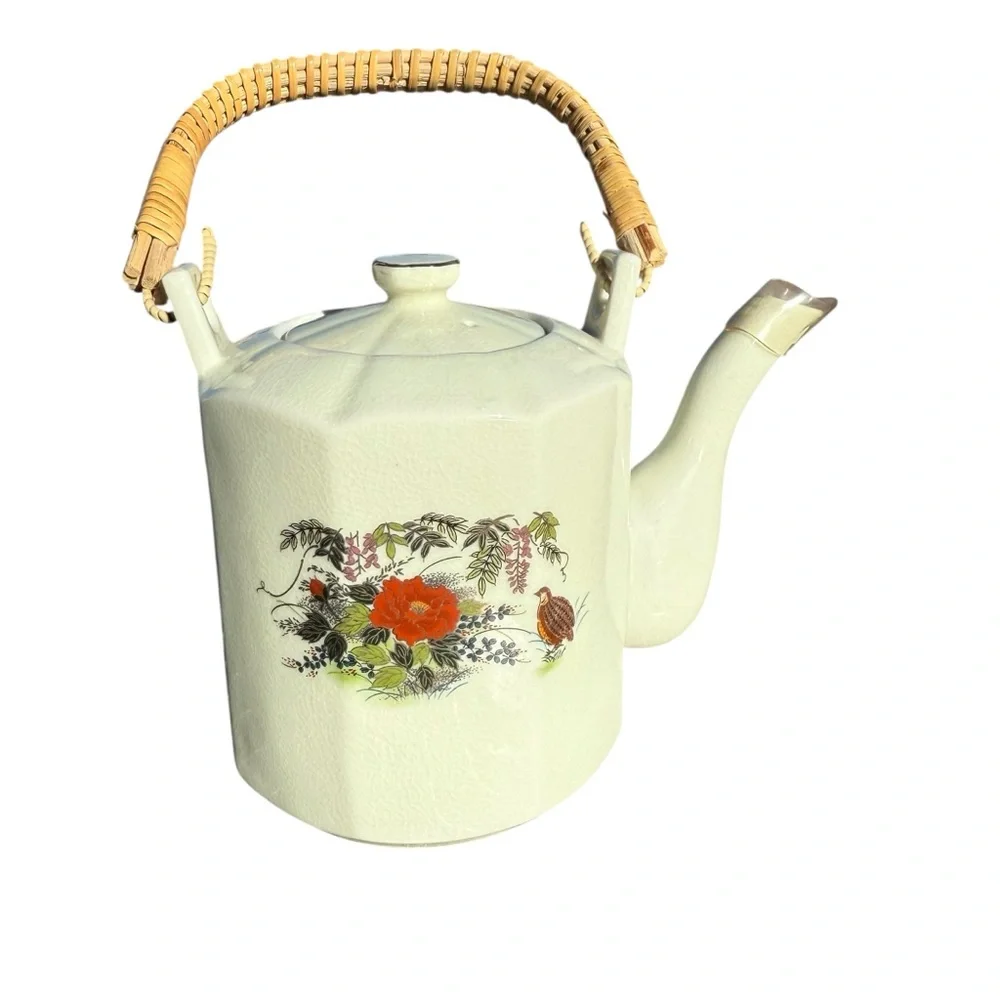 VINTAGE SATSUMA JAPAN PORCELAIN TEAPOT & SIX CUPS SET — FLORAL & BIRD DESIGN